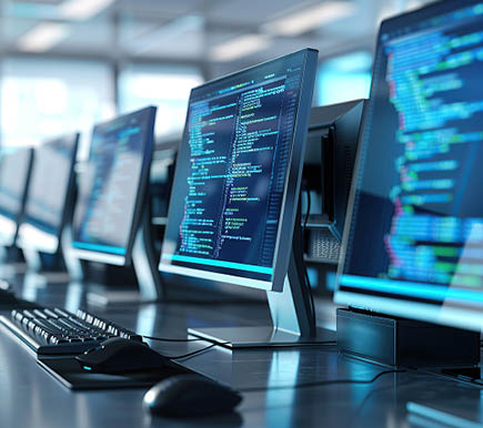 A row of computer monitors on an office desk