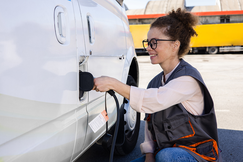 Woman charging EV fleet vehicle 