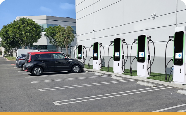A parking lot with EV chargers